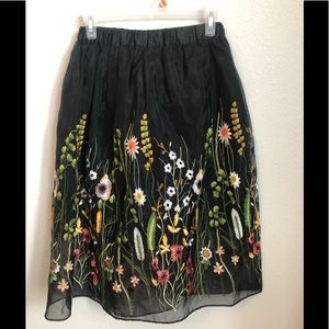 Vintage Tulle Embroidered Midi Skirt